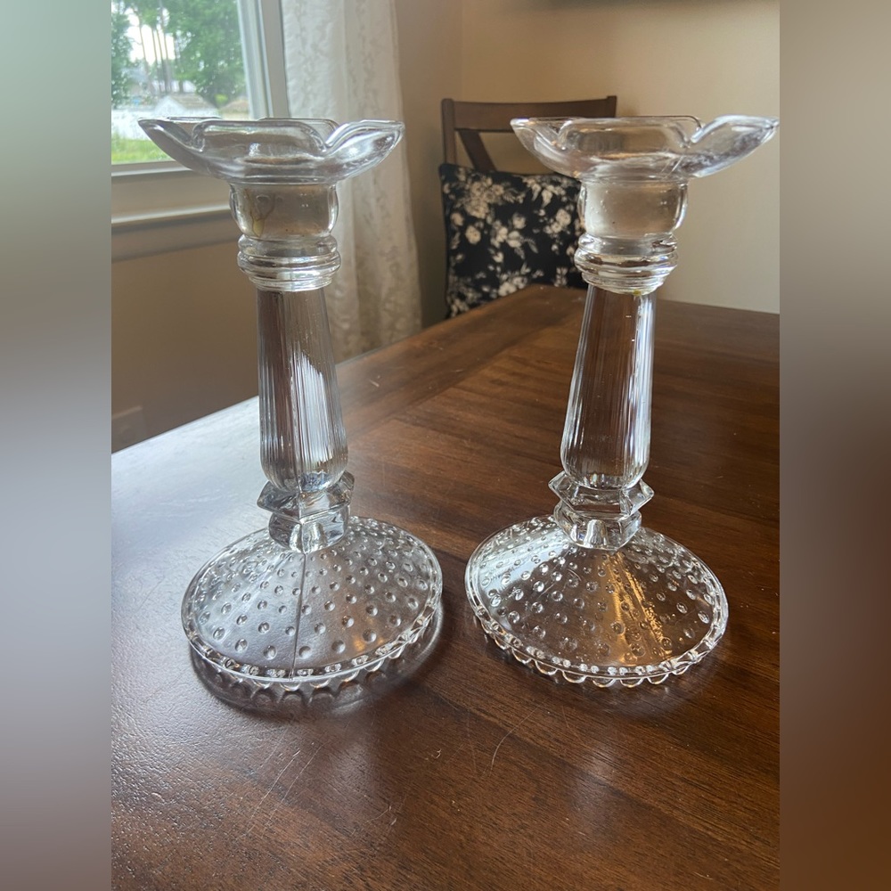 MCM Vintage Pair Of  Crystal Glass Taper Candleholder With Hobnail Base  8”